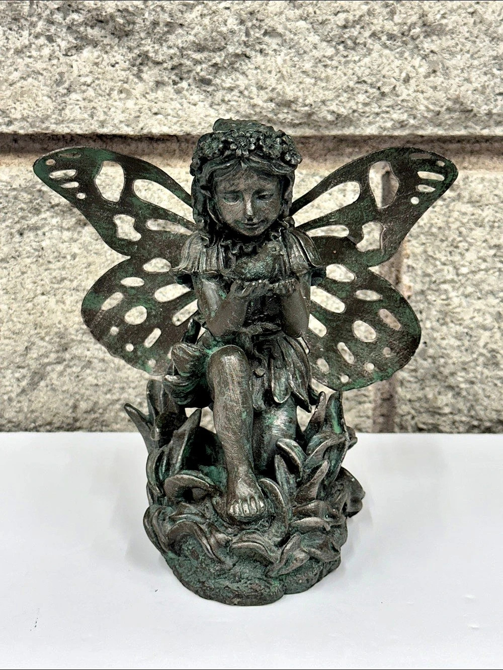 Verdigris Fairy Garden Figurine – Resin Statue with Metal Butterfly Wings